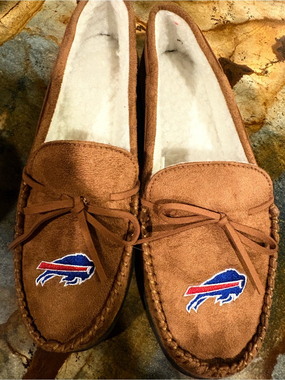 Women's Brown Suede Moccasin Slippers with Buffalo Logo